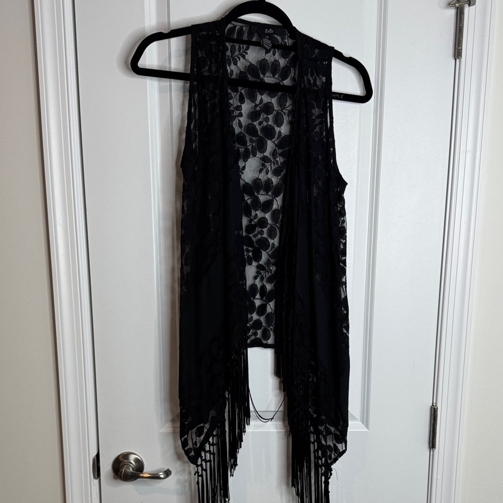 Black Lace Fringe Open-Front Vest - Women’s Tunic Layer